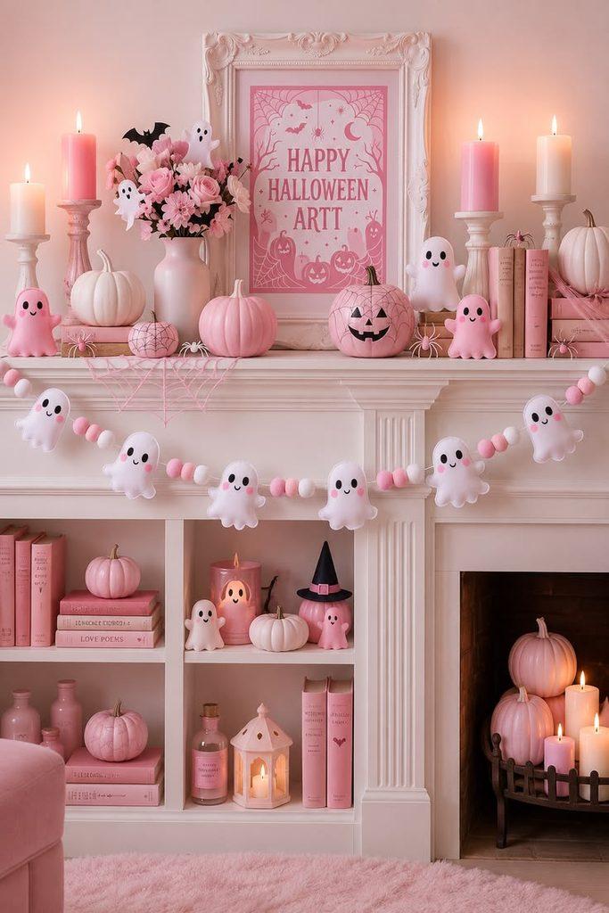 girly and pink halloween mantle decor - ReallyRushai